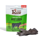 Dehydrated beef liver treats for pets, natural and healthy snack from Just Raw Pet Food, showing dehydrated beef liver pieces.